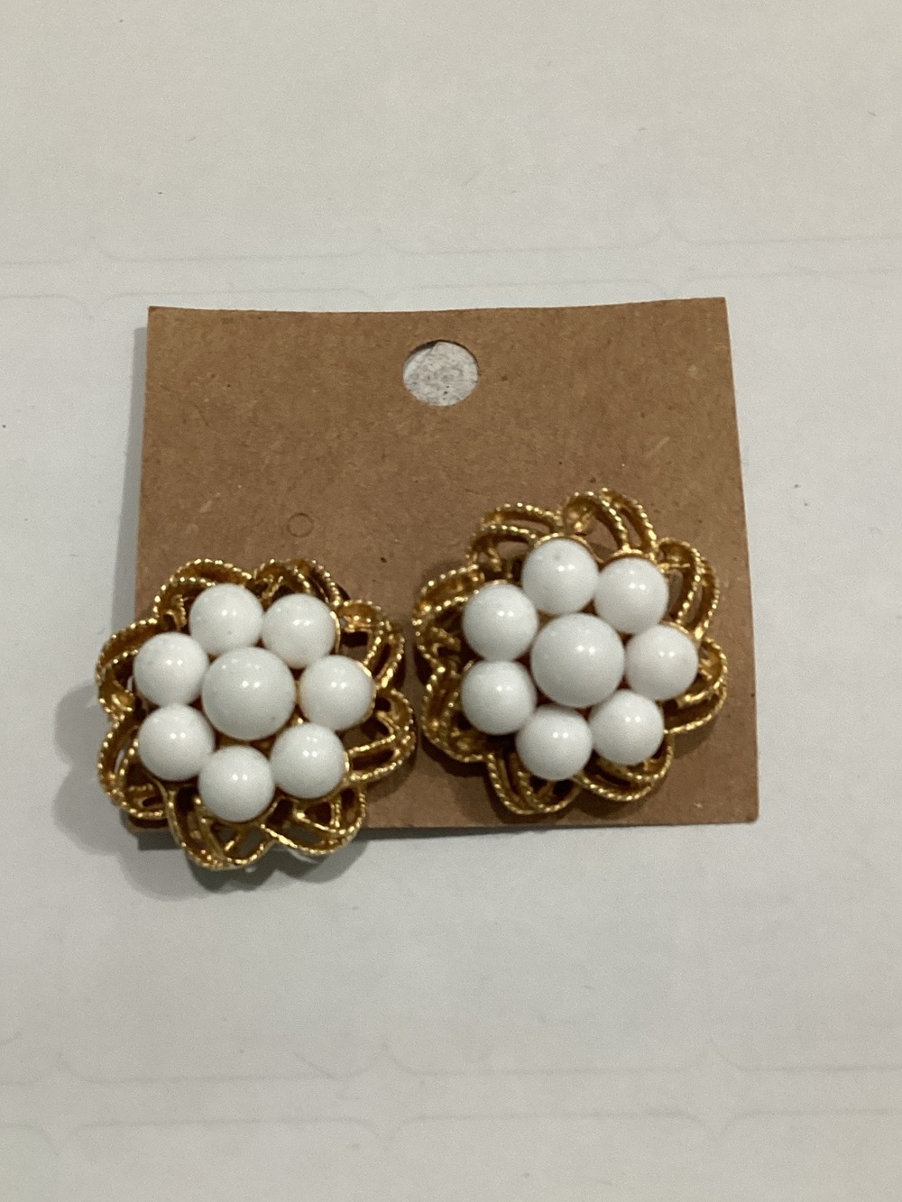 Gold and White Floral Cluster clip on Earrings